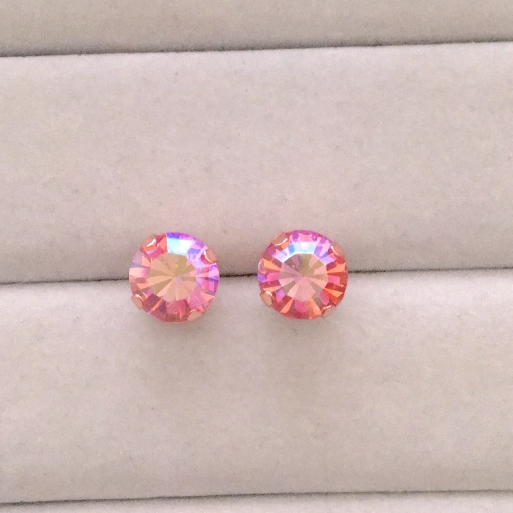 Iridescent Pink Rose Aurora Borealis Shimmer + Rose Gold Crystal Earrings - Picture 5 of 11